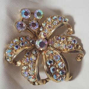 Vintage Gold Floral Brooch with Sparkling Iridescent Aurora Borealis Rhinestones